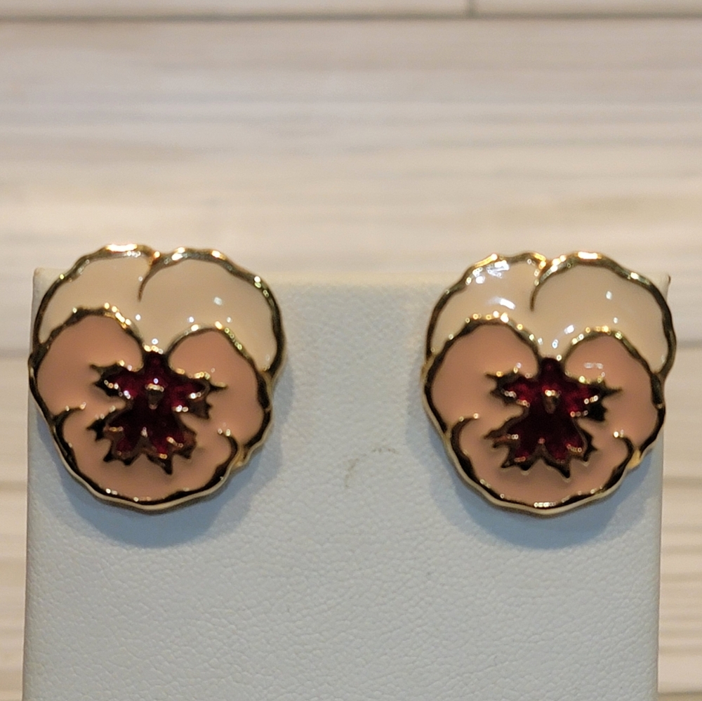 Vintage Pansy Floral Enamel Gold Tone Statement Pierced Earrings